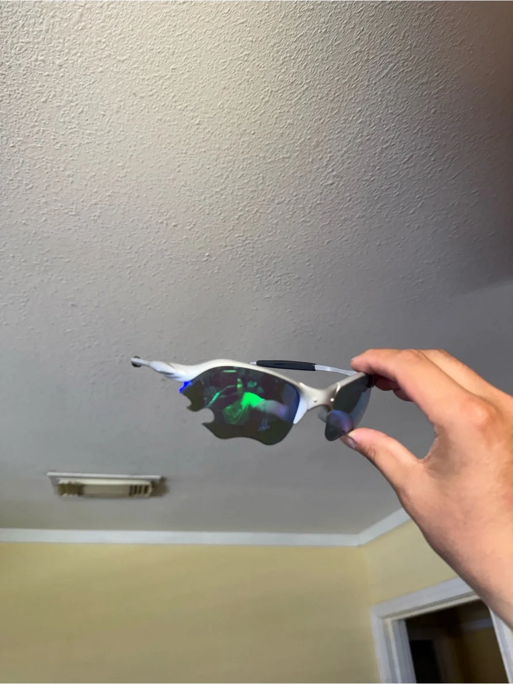 Silver Frame Sunglasses with Green Mirrored Lenses Oakley flames